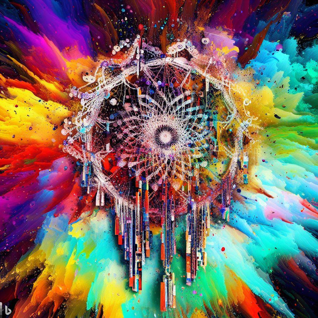 bing: an image of a high tech dreamcatcher formed out of many blockchains that looks like an explosion of paint and rainbows