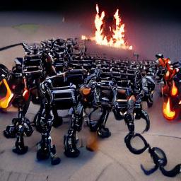 burning field of robots in chains in the style of Unreal Engine