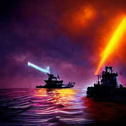 Warship firing missiles at night